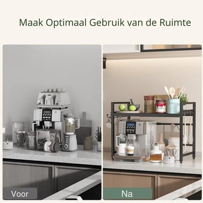 Verte Microwave Rack - Verstelbaar Magnetronrek met 2 Niveaus – Rek voor Boven de Magnetron – Keukenrek voor op het Aanrecht – Bakkerijrek – Keukenrek met Bekerhouder – Zwart – Uitschuifbaar – 40-64 CM