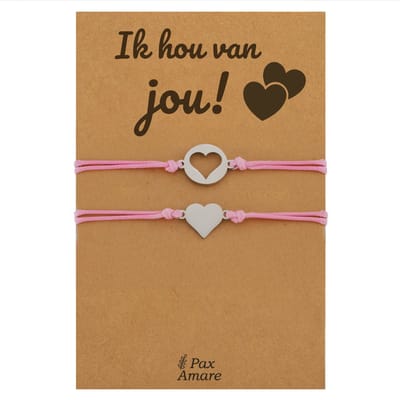 Vriendschapsarmbandjes voor 2 "Ik Hou van Jou" - Hartjes - Koppel Armbandjes met Lief Cadeau Kaartje - Zilverkleurig & Roze - Elastisch Verstelbaar - Pax Amare