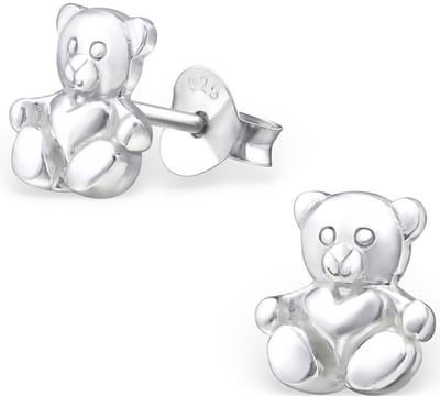 Joy|S - Zilveren beer oorbellen 7 x 8 mm - teddybeer met hartje oorknoppen