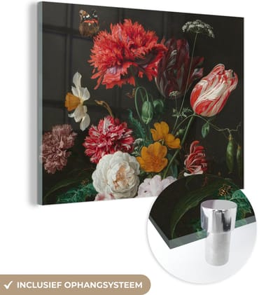 MuchoWow® Glasschilderij 160x120 cm - Schilderij acrylglas - Stilleven met bloemen in een glazen vaas - Schilderij van Jan Davidsz. de Heem - Foto op glas - Schilderijen