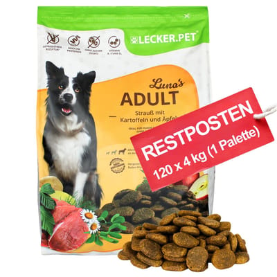 120 x 4 kg (1 pallet) Lecker.Pet® Luna's Adult Ostrich met aardappel en appel hondenvoer, droogvoer, complete voeding. Ten minste houdbaar tot 3/2026