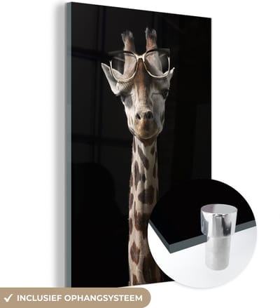 MuchoWow® Glasschilderij 120x180 cm - Schilderij acrylglas - Giraffe - Bril - Zwart - Foto op glas - Schilderijen