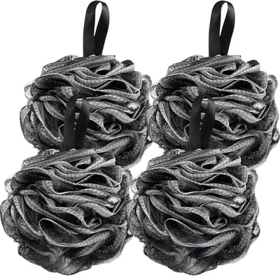 4 stuks douchespons, zwart, 13 cm grote badsponzen, 60 g wasspons lichaam met ophanglus, rijke schuimlichaamscrub, netpoef, badspons voor thuis, op reis en in hotels