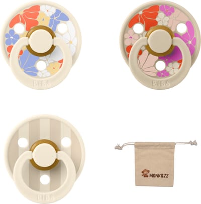 Bibs studio fopspenen maat 1 (0-6 maanden) Set 3 fopspenen + speenzakje - Flower child ivory, Flower child vanilla en Block Ivory/Vanilla