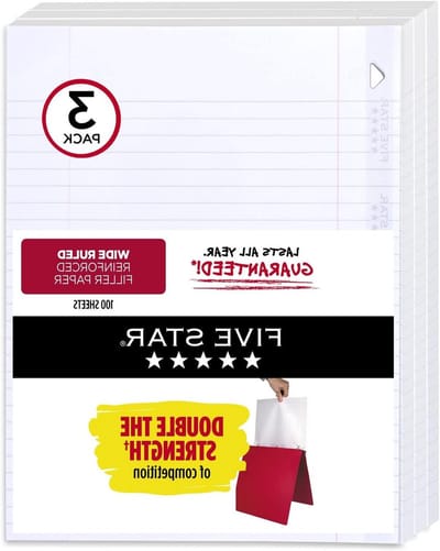 Vijf ster versterkt filler papier, breed gelinieerd, losse bladeren, 26,7 x 20,3 cm tabel afmetingen, 110 vellen/pak (15106) Breed gelinieerd. 3 Stuk