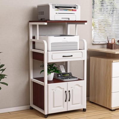 Opbergkast Printer - Mobiel Bureau Meubel - Thuis Kantoor - Met Wielen - 112x50x105cm - Wit Roodbruin