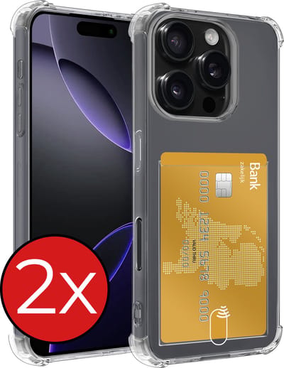 Hoesje - 2 Stuks - Geschikt voor Apple iPhone 16 Pro - Met Pashouder en Kaarthouder - Telefoon Hoes Shockproof - Back Cover - Siliconen Case - Shock Proof - Pasjes Houder - Telefoonhoes - Transparant