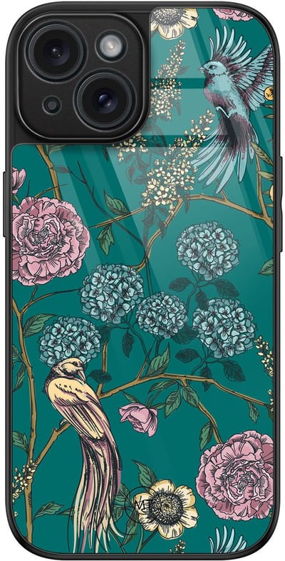 Hoesje geschikt voor iPhone 15 - Vogels Japanse bloemen - Luxe Hard Case - Print - Groen - Mooie Telefoonhoesjes