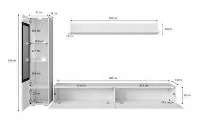 Complete 3-delige woonkamermeubelset – Mat afwerking – 180 cm TV-meubel, vitrinekast en wandplank – Zonder handvat – Vrijstaand of hangend – Wotan Eik