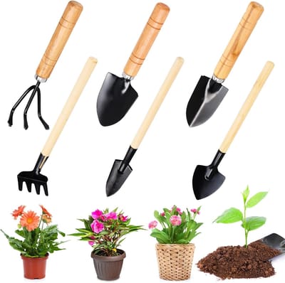 Famanu - Tuingereedschapsset, 6-delige tuinschep, klein tuingereedschap, schop voor tuingereedschap zoals bloemen, planten, verplanten en aarde losmaken
