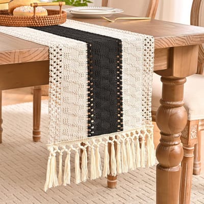 Tafelloper, boho-stijl, tafelloper, tafelkleed met kwastjes, lege haaknaald, 30 x 140 cm, zwart/beige, voor vintage tafeldecoratie, boho, bruiloft, bruidsdouche