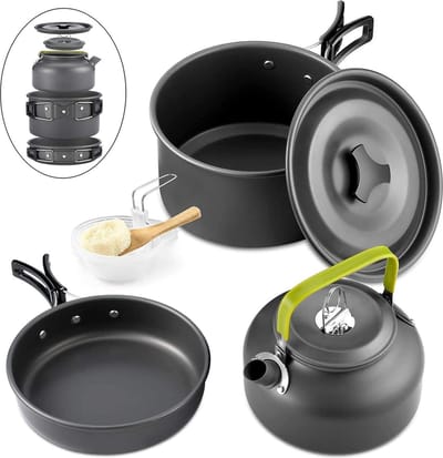 Qtiwe Camping Servies Set, Outdoor Kookgerei Potten, 10-Delig Opvouwbaar Camping Servies voor Wandelen, Picknick, BBQ, FDA Gecertificeerd