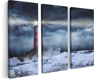 Artaza Canvas Schilderij Drieluik Vuurtoren op een Storm Zee met Golfen Water - 120x80 cm - Wanddecoratie Woonkamer - Schilderijen - Muurdecoratie