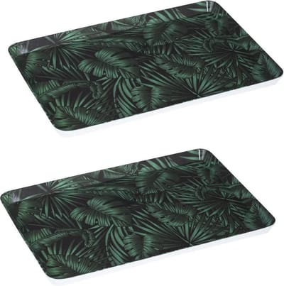 2x stuks dienbladen/serveerbladen rechthoekig Jungle 30 x 22 cm donker groen - Serveerbladen, dienbladen & keukenbenodigdheden