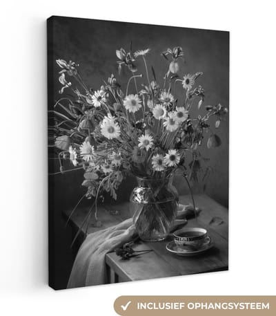 Canvas schilderij 30x40 cm - Wanddecoratie Boeket - Bloemen - Olieverf - Stilleven - Zwart - Wit - Muurdecoratie woonkamer - Slaapkamer decoratie - Kamer accessoires - Schilderijen op canvas