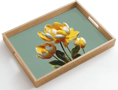 Dienblad hout 50x35 cm - Schootdienblad - Bloemen - Geel - Bladeren - Structuur - Borrelplank rechthoek - Plateau dienbladen