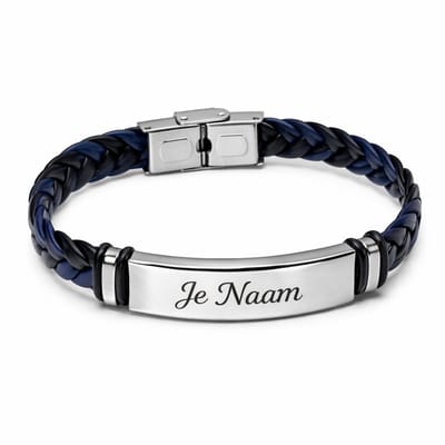 Armband met graveer, Armband met naam, Gepersonaliseerde gevlochten armband met naamgravure - donkerblauw-zwart design, Armband met naamplaatje ,graveerarmband