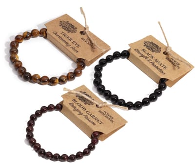 Power Armband set van 3 - Tijgeroog Armband - Bloed granaat Armband - Zwarte Agaat Armband - Powerbead