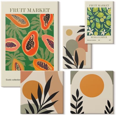Wallfluent Set van canvas schilderijen - Tropisch fruit in retrostijl met exotische motieven Canvas Schilderijen Set - Set van 5 Canvas Schilderijen - Oranje Set van Canvas Prints - Natuur Canvas Kunst Set - Boheemse Canvas Kunst Set