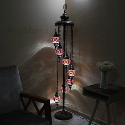 Handmade Turkse lamp - vloerlamp met 7 bollen - mozaïek in warme kleuren - hoogte 160cm