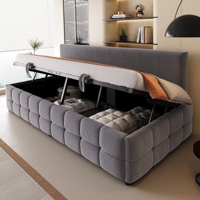 MIVRAY Gestoffeerd Slaapbankbed 90x200cm Zonder Matras - Met Hydraulische Opbergruimte - Armleuningloos Met Rugleuning - Fluweel - Grijs