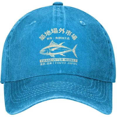 Japanse Tsukiji Vismarkt Gewassen Tokio Japan Honkbalpet Zon Hoge Kwaliteit Gewassen Truckerpet Vrouw Man Snapback Pet Adjustable blue