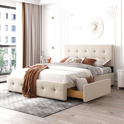 DESMIU Gestoffeerd Bed 140x200cm - Klassiek Tweepersoonsbed Met 4 Lades - Lattenbodem En Hoofdbord - Voor Volwassenen En Jeugd - Beige - Zonder Matras