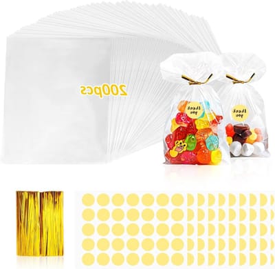 Set van 200 cellofaan zakjes 20 x 15 cm, snoepzakjes, geschenkzakjes met metalen sluitingen en ronde stickers voor bruiloften, picknicks en kinderfeestjes