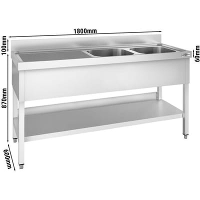 GGM Gastro Spültisch PREMIUM - 1800x600mm - mit Grundboden - mit 2 Becken rechts Zilver