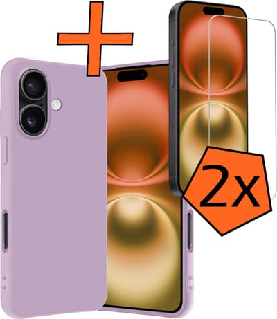Hoes - Met 2x Screenprotector - Geschikt voor Apple iPhone 16 - Sterk & Shockproof - Back Cover - Siliconen Case - Telefoon Hoes - Lila