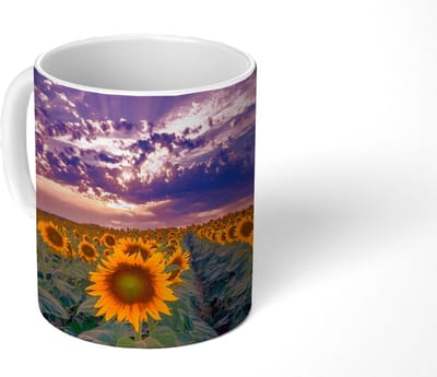 Mok - Koffiemok - Bloemen - Lucht - Paars - Zonnebloem - Zonsondergang - Mokken - 350 ML - Beker - Koffiemokken - Theemok