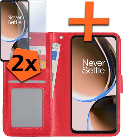 Hoes - Met 2x Screenprotector - Geschikt voor OnePlus Nord CE 3 Lite - Luxe Pasjeshouder - Bookcase Portemonee - Flip Case - Kunstleer Book Case - Flipcase Hoes - Book Cover - Walletcase - PortemonneeHoes - Rood
