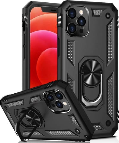 HB Hoesje Geschikt voor Apple iPhone 12 / 12 Pro - Zwart - Anti-Shock Hybrid Armor Back Cover - Hoes met Kickstand Ring