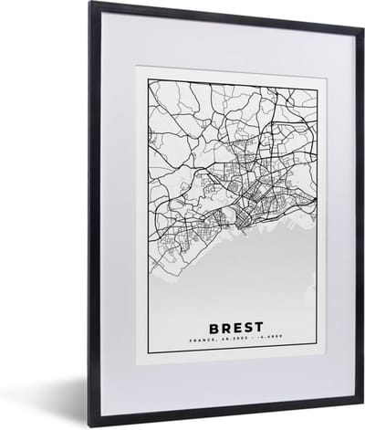 Fotolijst incl. Poster Zwart Wit- Stadskaart - Plattegrond - Kaart - Frankrijk - Brest - Zwart wit - 30x40 cm - Posterlijst
