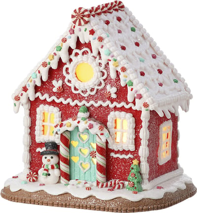 Viv! Christmas Kerstbeeld - Gingerbread Huis Sneeuwpop van Klei incl. LED Verlichting - rood wit - 22cm
