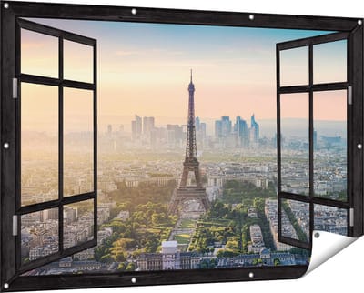 Gards Tuinposter Doorkijk Skyline van Parijs met de Eiffeltoren - 150x100 cm - Tuindoek - Tuindecoratie - Wanddecoratie buiten - Tuinschilderij