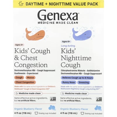 Genexa, Toux et oppression thoracique pour les enfants de 4 ans et plus, Toux nocturne pour les enfants de 6 ans et plus, Myrtille biologique, 2 paquets, 4 fl oz (118ml) chaque