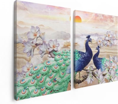 Artaza Canvas Schilderij Tweeluik Twee Pauwen Bij Elkaar Met Bloemen - Liefde - 120x80 - Foto Op Canvas - Canvas Print