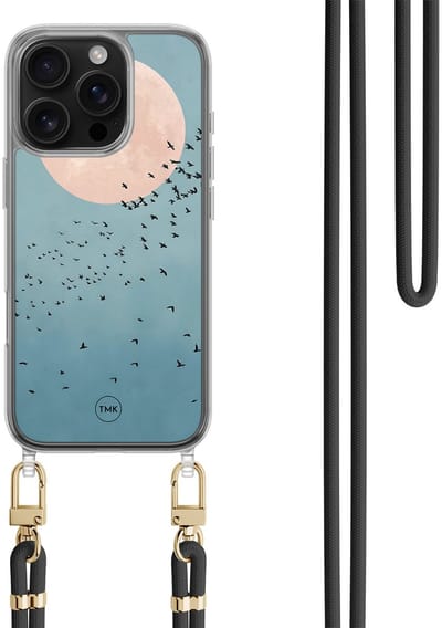 Casevibes - Telefoonhoesje met koord - Geschikt voor Apple iPhone 16 Pro - Moon birds - Blauw - Vogel