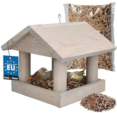 KOTARBAU® Hangend houten, 26 x 26 x 22 cm, Inclusief 0,5 kg Vogelfoer, Vogelvoederhuisje, Vogelvoederhuisje om op te Hangen, Voederhuis, Grijs