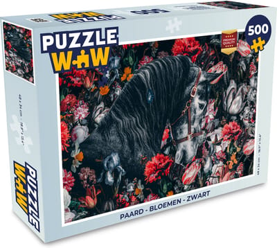Puzzel Paard - Bloemen - Zwart - Legpuzzel - Puzzel 500 stukjes
