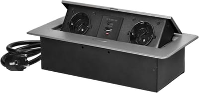 Pop up Stekkerdoos met 2 stopcontacten en USB-A & C - Inbouw Verdeelstekker met RVS afwerking - Stekkerblok met 1.5 meter kabel - Verdeeldoos voor max. 3680 Watt - Zilver