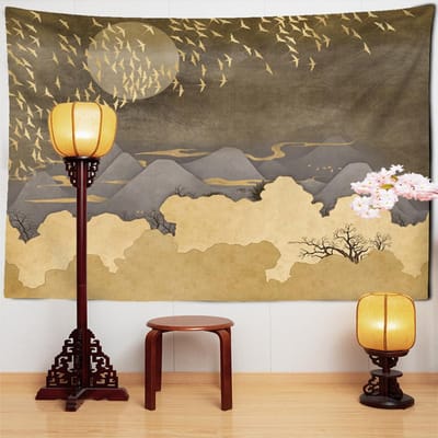 Bergen Zon Maan Landschap Print Wandkleed Trekvogels Vliegen Wandhangend Tapijt Macramé Wandhangend Huis Kunst Decoratie 95x70CM
