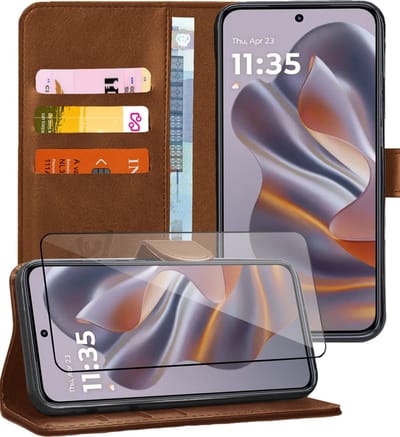 Hoesje geschikt voor Motorola Edge 50 Neo / Edge 60 Neo / Thinkphone 25 - Screenprotector Glas - Portemonnee Book Case Bruin