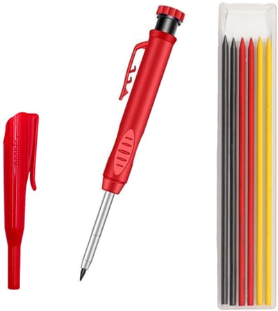 Markeerpotlood + Navulling + Pendop - Bouwpotlood - Timmermanspotlood - Inclusief Navulling drie kleuren 2.8mm & Ingebouwde Puntenslijper Dop - Diep gat maken - Automatische potloden, lange punt voor tekenen schetsen bouwen - Rood