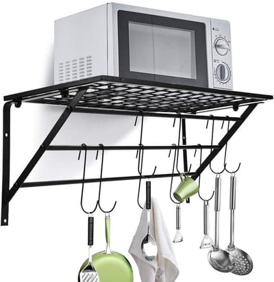 BRENZOOS- Pannenrek Hangen - Keukenrek Met 10 Verplaatsbare Haken - Zwart Metaal - Roestvrij Staal - Compact Keukenopslag - Hoogwaardige Ijzeren Structuur