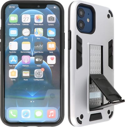 Hoesje met Magnetic Stand Hard Case Geschikt voor de iPhone 12 Mini - Stand Shockproof Telefoonhoesje - Grip Stand Back Cover - Zilver