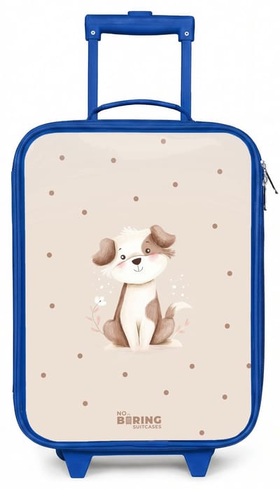 NoBoringSuitcases.com® - Kinderkoffer blauw - Kindertrolley jongen - Honden pup omringd door bruine stippen - Koffer kind lichtgewicht - Reiskoffer trolley voor kinderen - Koffertje met lichtgevende wieltjes - Rolkoffer