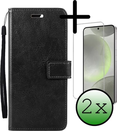 Hoesje Met 2x Screenprotector - Geschikt voor Samsung Galaxy S24 - Luxe Pasjeshouder - Bookcase Portemonee - Flip Case - Kunstleer Book Case - Flipcase Hoes - Book Cover - Walletcase - Portemonneehoes - Zwart