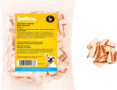 Boomy - Hondensnacks - Hondensnoepjes - Zachte hondenkoekjes - Mini Twister - Korte kip/vis strookjes - 2 x 250g